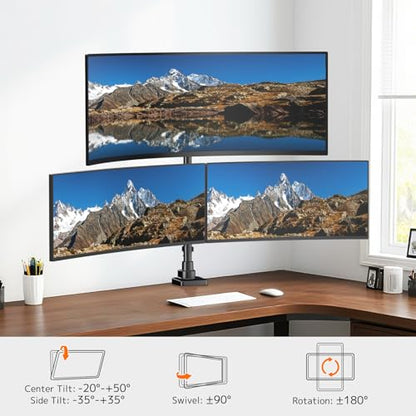 Triple Monitor Mount up to 49 inches, Fully Adjustable Heavy Duty 3 Monitor Arm with Gas Spring, Desk Mount for 3 Screens, C-Clamp & Grommet Base, Holds 44 lbs, Black
