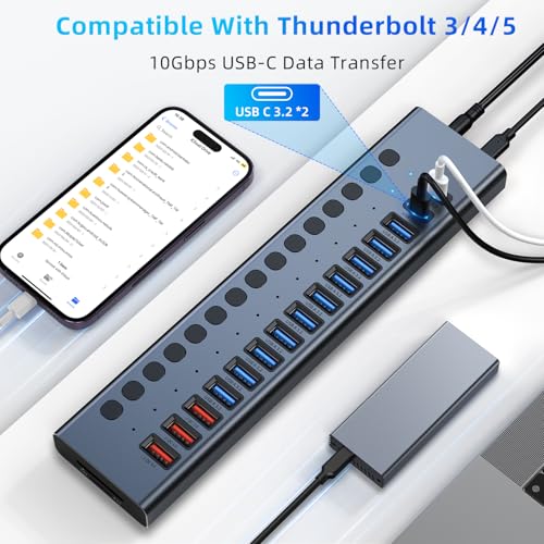 Powered USB Hub 10Gbps, 17 Ports USB 3.2 Hub, 96W Power Adapter | 10 USB-A 3.2, 3 QC 24W Fast Charging, 2 USB-C 3.2, SD/TF, 12V/8A Power Adapter for Laptop, PC, Computer, HDD, Flash Drive - color: Gray