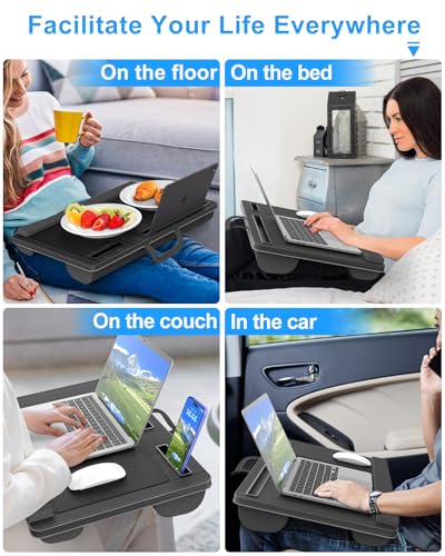 HETTHI Laptop Lap Desk, Portable Large Laptop Desk for Bed, Up to 17 Inch Lap Pad Tray with Wrist Rest, Mouse Pad, Tablet Phone Slot, Portable Handle, Cushion (Black) - color: Black