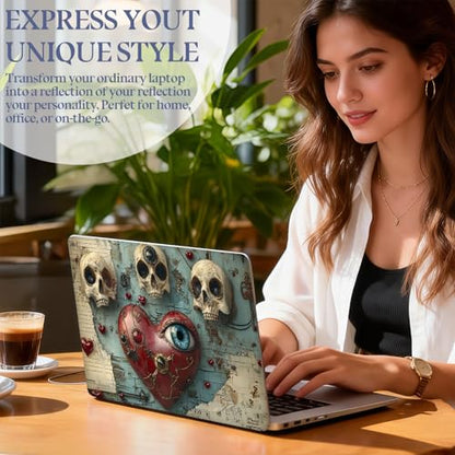 Universal Laptop Skin Sticker Decal,15.6 Inch Laptop Vinyl Cover for 13" 14" 15.6" Laptop,Scratch-Resistant Waterproof Protector Wrap,Reusable with Wrist Pads,Heart with Eye and Skulls - color: Heart with Eye and Skulls