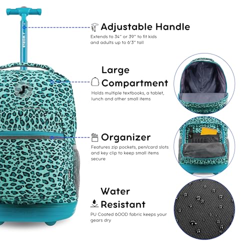 J World Sunrise Kids Rolling Backpack with Wheels for Girls Boys, Roller Bookbag for School, 18 x 13 x 9 Inches, Mint Leopard - color: Mint Leopard