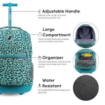 J World Sunrise Kids Rolling Backpack with Wheels for Girls Boys, Roller Bookbag for School, 18 x 13 x 9 Inches, Mint Leopard - color: Mint Leopard