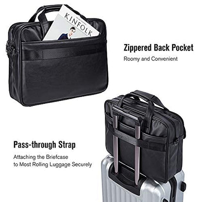 seyfocnia Men's Business Travel Briefcase Leather Handmade Messenger Bags Laptop Bag - color: Black, size: 15.6inch