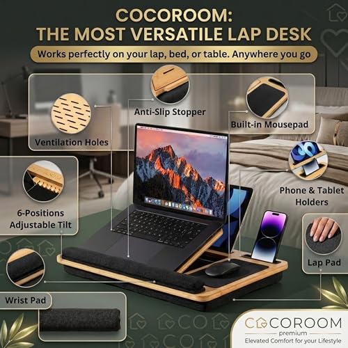 Lap Desk for Laptop – Bed Desk Tray Table with Cushion, 5 Angles, Phone & Tablet Holder, Mouse Pad & Ventilation – Laptop Stand, Lap Table, Couch Desk for 15”-17” Laptops (Black) - color: Black