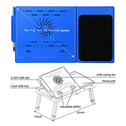 Foldable Laptop Table with Cooling Fan, LED Light, 4 x USB Ports, Mouse Pad & Storage Groove for Laptop Use in Home Office - color: Blue