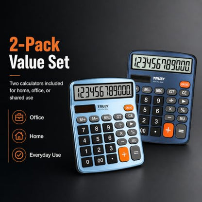 TRULY 12-Digit Desktop Calculator with Large Display, Big Buttons, Dual Power (Solar + Battery), Metal Finish, Ideal for Office, Home, School – 837A Pro Metal 2 Pack Blue/Light Blue - color: Blue & Light Blue