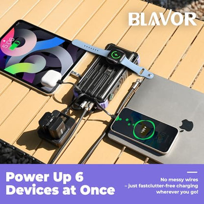 BLAVOR Solar Power Bank 20000mAh Built-in Cables, Wireless Charger for Phones & Apple Watch, 20W Fast Charging Battery Pack with USB C, Flashlight, Solar Charger for iPhone, iPad, iWatch, Samsung - color: Purple