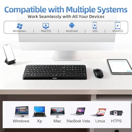 PHILIPS Full-Size Slim Wireless Bluetooth Keyboard, 108-Key with Number Pad, 3-Device Switching, 2.4GHz + Bluetooth, Quiet Low-Profile Keyboard for Windows, Mac, iPad and Android, Laptop, PC