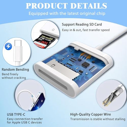 USB C SD Card Reader, Type C Digital Camera Adapter | White, Trail Game Camera Viewer, USB C Memory Card Reader for iPhone 17/16/15,iPad,MacBook,iMac,Galaxy,Android