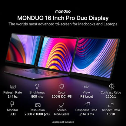 16” Pro Duo – 2K IPS Portable Dual Screen Extender, 144Hz, 100% DCI-P3, Compatible with MacBook M1/M2/M3 & Windows, HDMI/USB-C, Ideal for Gaming and Professional Use | Dual 16-inch 2K screens, 144Hz refresh rate, 100% DCI-P3 colour, 500 nits, 3ms response