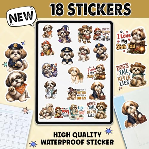 18 PCS Shih Tzu Stickers Pack – Waterproof Dog Decals for Water Bottles, Laptops, Phones, Notebook, Cars – Cool Vibrant Graphics for Shih Tzu Enthusiast - color: Shih Tzu