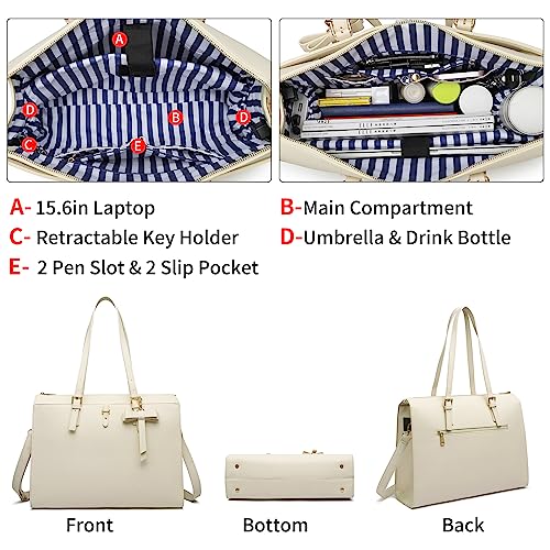 Keyli 4pc Sets Laptop Bag for Women Large Leather Laptop Briefcase with USB Charging Port Computer Shoulder tote Bags Purse - color: Khaki