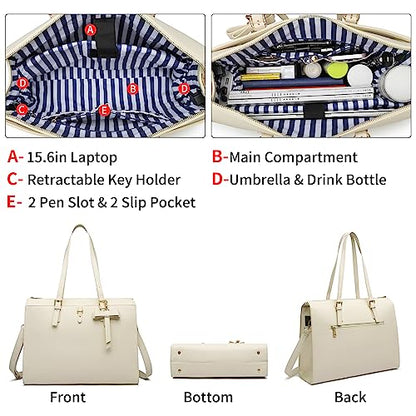 Keyli 4pc Sets Laptop Bag for Women Large Leather Laptop Briefcase with USB Charging Port Computer Shoulder tote Bags Purse - color: Khaki