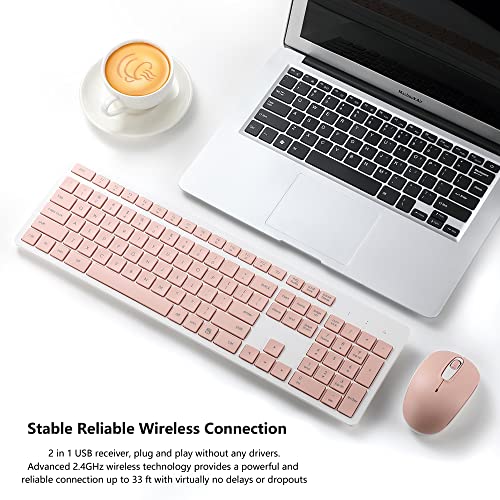 Wireless Keyboard and Mouse Combo, 2.4G Silent Cordless Keyboard Mouse Combo for Windows Chrome Laptop Computer PC Desktop, 106 Keys Full Size with Number Pad, 1600 DPI Optical Mouse (Pink)