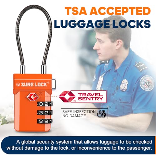 SURE LOCK TSA Approved Luggage Locks with Open Alert Indicator, 3 Digit Combination Cable Travel Lock for Suitcase, Backpack, Gym Locker, Toolbox, Carry On & Travel Bag - color: ORANGE 4 PACK