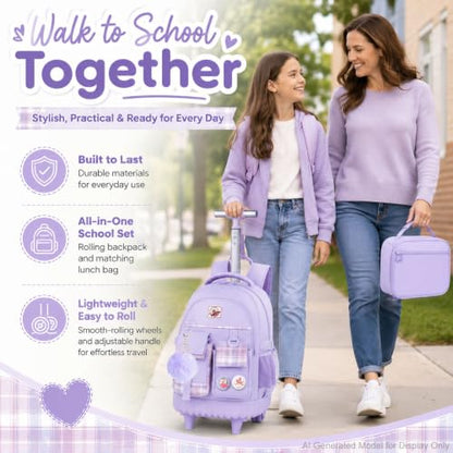 AGSDON Rolling Backpack for Girls, 21" Women Roller Wheels Bookbag, Laptop Wheeled Suitcase School Backpacks with Lunch Bag for Teens - color: Square Purple