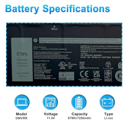 DWVRR 87Wh Laptop Battery Replacement for Dell Alienware x17 R1 R2 Alienware x15 R1 R2 Inspiron 16 7620 2-in-1 Series Notebook 0017GN 0NR6MH 817GN Battery 7250mAh 6-Cell - size: 12.83*3.47*0.28inch DWVRR