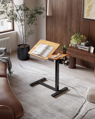 YIHAYO Adjustable Overbed Bedside Table with Wheels, 28 x 16 Inches Electric Mobile Standing Desk, Laptop Desk, Movable Overbed Tables Hospital Home Use, Rustic Brown - color: Black Frame/Rustic Brown Top, size: 28*16 Inch