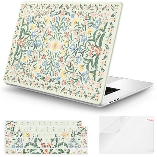 iCasso for MacBook Air 15 inch Case 2026 2025-2023 Release M5 A3448 M4 A3241 M3 A3114 M2 A2941, Slim Vintage Pattern Hard Shell Case for Mac Air 15.3", Keyboard Cover + Screen Flim-Green Floral - color: A-Green Boho Floral
