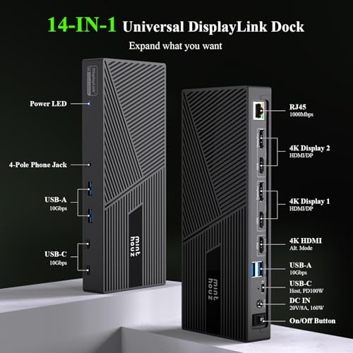 Minthouz DisplayLink Docking Station Triple Monitor 4K@60Hz, 14-in-1 USB C Dock for MacBook Dell HP Lenovo, 160W Adapter,100W PD Charging for Thunderbolt 5/4/3, 3HDMI,2DP, 6 USB A/C, LAN, Audio