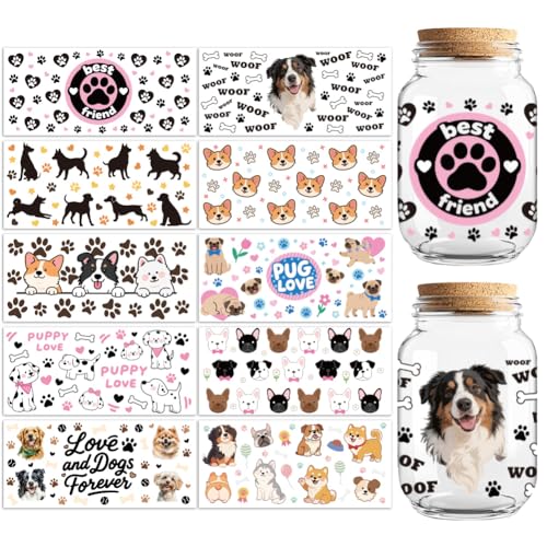 Dogs UV DTF Cup Wraps, 10 Sheets Transfer Sticker | Waterproof UV DTF Stickers, Custom Vinyl Decals for 16oz Coffee Cups Tumblers Bottles Mugs, DIY Gifts & Crafts - style: Dogs