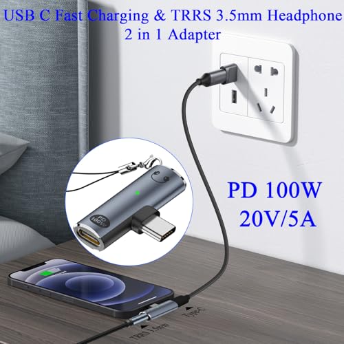 QIANRENON PD100W USB C Charging Headphone 2 in 1 Adapter USB Type C Male to Type C Female & TRRS 3.5mm Female Connector USB C Phone Fast Charge 3.5mm Headset Converter,with LED Light,Hanging Hole
