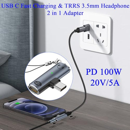 QIANRENON PD100W USB C Charging Headphone 2 in 1 Adapter USB Type C Male to Type C Female & TRRS 3.5mm Female Connector USB C Phone Fast Charge 3.5mm Headset Converter,with LED Light,Hanging Hole
