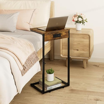 C Shaped End Table with Charging Station, Adjustable Height Side Table for Couch, Small Side Table, 33.2'' Tall Couch Tables that Slide Under, Tv Tray End Table for Living Room, Rustic Brown - color: Rustic Brown (1 Pack), style: With Plug