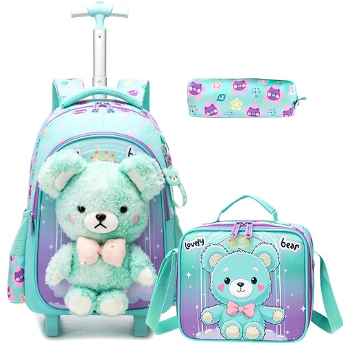 Meetbelify Rolling Backpack for Girls Backpacks with Wheels for Elementary Student Kids School Travel Bag for Girls Ages 6-8 Years Old - color: Green