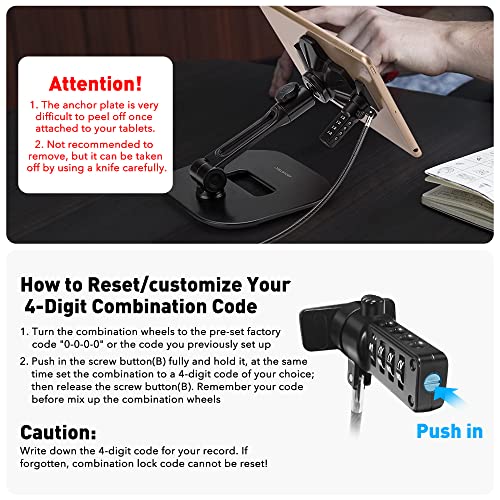 AboveTEK iPad Lock Security Cable w/Adhesive Plates, 6Ft Keyless 4 Digit Combination Tablet Lock Kit, Anti-Theft Hardware Locking Cable for iPhone Cell Phone MacBook Laptop in Showroom Retail Store