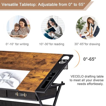 VECELO Drafting Table Art Desk Art Table Adjustable Drawing Table Tilted Tabletop with 2 Storage Drawers and Stool, Drawing Desk for Artist Painters Drawing, Crafting, Reading, Writing, Rustic Brown - color: Rustic Brown