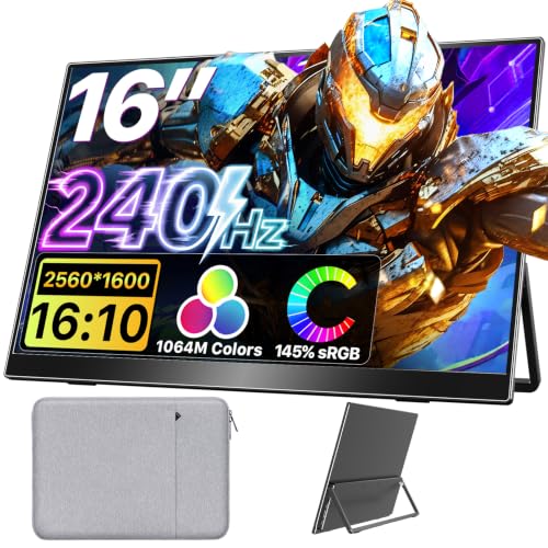 Upperizon Portable Monitor 16 inch 2K QHD 2560X1600 145% sRGB 240 Hz HDR HDMI USB-C Travel Monitor for Laptop MacBook PC Surface PS5 Xbox, External Display with Kickstand & Speakers, VESA Compatible - size: 16 inches
