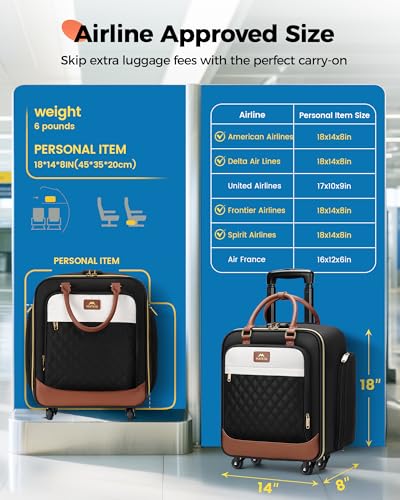 MATEIN Underseat Carry On Luggage with Spinner Wheels, 16 Inch Rolling Laptop Bag Women, Wheeled Briefcase 18x14x8 Personal Item Travel Bag, Small Airline Approved Roller Suitcase for Travel Work