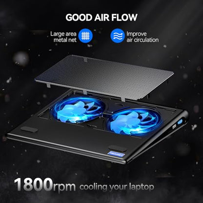 TECKNET Laptop Cooling Pad - 12"-15.6" Laptops Cooler, Powerful Cooler and Ultra Quiet for Gaming Laptops Pad, 2 Wind Speed Adjustable, USB A & C Powered Cooler Stand with Laptop Fan LED (Blue) - color: Blue
