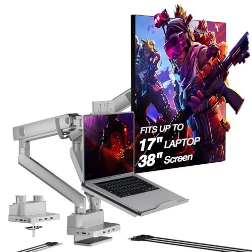 AVLT Laptop & Monitor Arm Desk Mount for 17-38" Screens, USB-C Dock - Gray | Supports flat/curved screens up to 22 lbs each. 12-17" laptop tray, 7-in-1 USB-C dock, HDMI 4K60, Ethernet and 100W PD - color: Gray