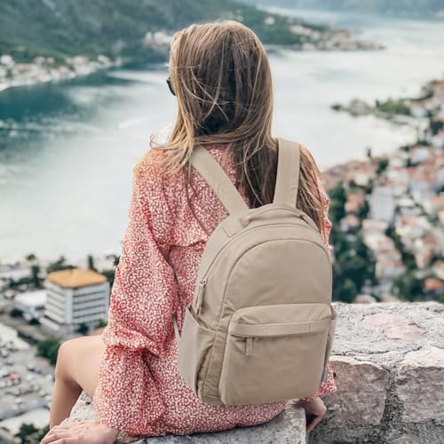 G4Free Small Backpack for Women, lightweight Daypacks for Travel School | Water-resistant Nylon Backpack, fits 13.3" laptop, Multi-pockets, Trolley strap, Comfy padded straps - color: Khaki