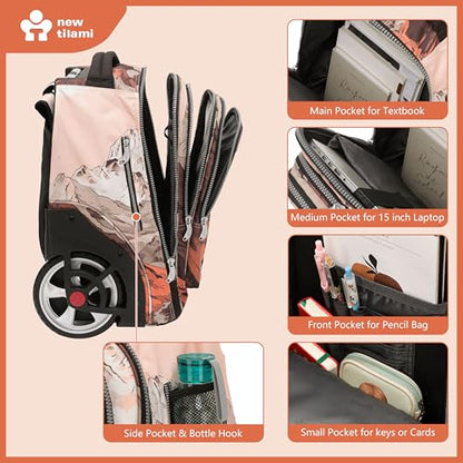NEW TILAMI 20 Inch Rolling Backpack for School Stair-Climbing Big Wheel | Teen Boys Girls Carry-on Suitcase Large Organizer Compartment 15.6 Laptop Sleeve Adjustable Handle Roller Travel Bag College - color: Pcturesque Mountain