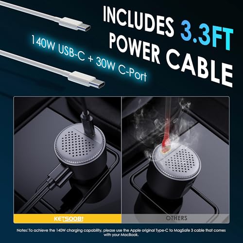 170W Car USB Charger with Built-in Heat Dissipation System, 3 Ports Car Adapter PD 3.1 140W/ PD 30W+QC18W Compatible with MacBook, Laptop, iPhone 17/16/15, Samsung Galaxy S24 (Black)