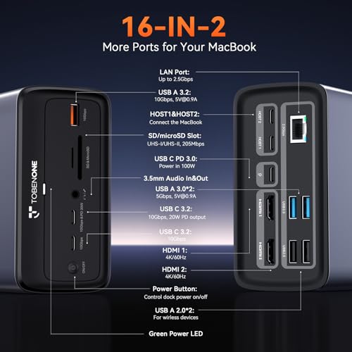 TobenONE MacBook Docking Station Dual 4K@60Hz, 16-in-2 USB C Docking Station with 2 HDMI Ports, 7 USB Ports, 100W GaN Power Supply & 20W Charging, 2.5Gbps Ethernet, for Home & Office