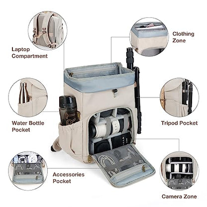 BAGSMART Camera Backpack DSLR Camera Bag Backpacks for Photographers | Waterproof Anti-Theft Photography Backpack with 15 Inch Laptop Compartment - color: A-ivory White[single Buckle]