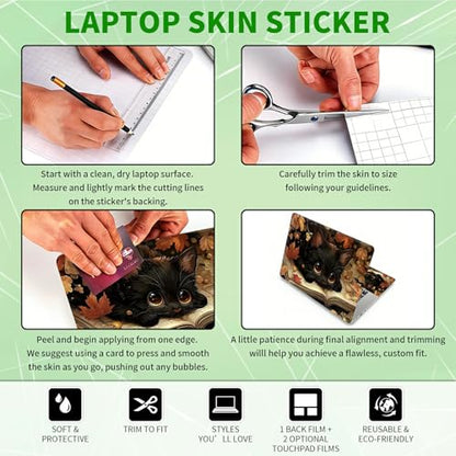Laptop Skin Sticker Decal, Universal Protective Cover Fit 12 13 14 15.6 Inch Notebook, Reusable Water-Resistant Vinyl Decal w/ 2 Wrist Pads for Business Travel Office, Black Cat Maple Leaf - color: Black Cat Maple Leaf
