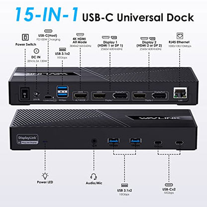 WAVLINK USB C Triple Monitor Docking Station 13-in-1 Displaylink Dock with 100W Charging for Mac, Windows, Chrome, 3 HDMI+2DP, Gigabit Ethernet, USB-C, 4 USB-A 10Gbps, Audio, Driver Required