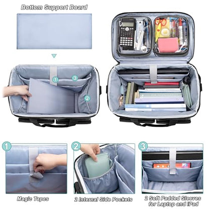 Rolling Teacher Tote Bag with 2 Detachable Pouches for Work, Gray | Wheeled Teacher Uility Bag with 15.6" Padded Laptop Sleeve, Large Briefcase with Detachable Trolley for Women - color: Gray
