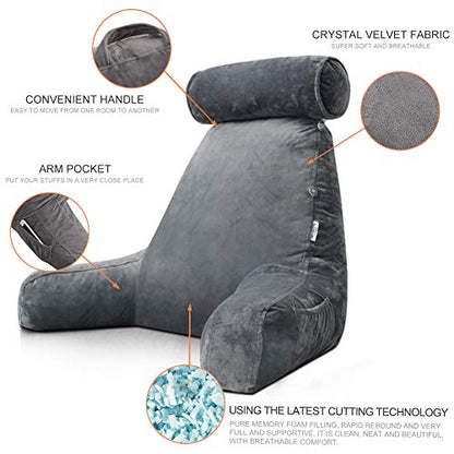 Reading Pillow for Adults Sitting‑Up in Bed, Backrest with Arms | Detachable Neck‑Cushion; Shredded Memory‑Foam; Side Pockets; Washable Velvet Cover; Gaming & TV, Sofa Use - color: Grey