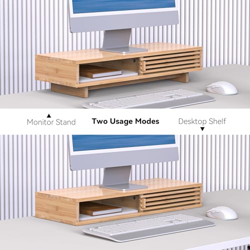 25" Monitor Stand with Sliding Doors Desk Shelf Bamboo | Computer Monitor Riser Shelf for 47-55 Inch Desk Aesthetic Workplace Computer Setup Desktop Organizer Easy Assembly