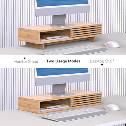 25" Monitor Stand with Sliding Doors Desk Shelf Bamboo | Computer Monitor Riser Shelf for 47-55 Inch Desk Aesthetic Workplace Computer Setup Desktop Organizer Easy Assembly