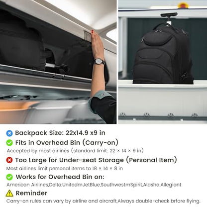 Boavan Wheeled Backpack,18.4 inch Water Resistant Rolling Backpack,Carry on Luggage Business Bag, Overnight College Computer Backpacks Trolley Suitcase for Men Women Adults to Travel，Black - color: Black, size: 18.4 inches