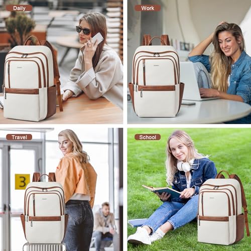 17 inch Leather Laptop Backpack for Women, Large Travel Backpack with 6 Compartments, Computer Backpack Purse for Work College - color: Beige
