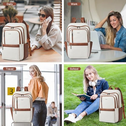 17 inch Leather Laptop Backpack for Women, Large Travel Backpack with 6 Compartments, Computer Backpack Purse for Work College - color: Beige