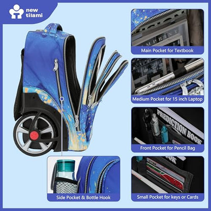 NEW TILAMI 20 Inch Rolling Backpack for School Stair-Climbing Big Wheel | Teen Boys Girls Carry-on Suitcase Large Organizer Compartment 15.6 Laptop Sleeve Adjustable Handle Roller Travel Bag College - color: Chill Blue Print
